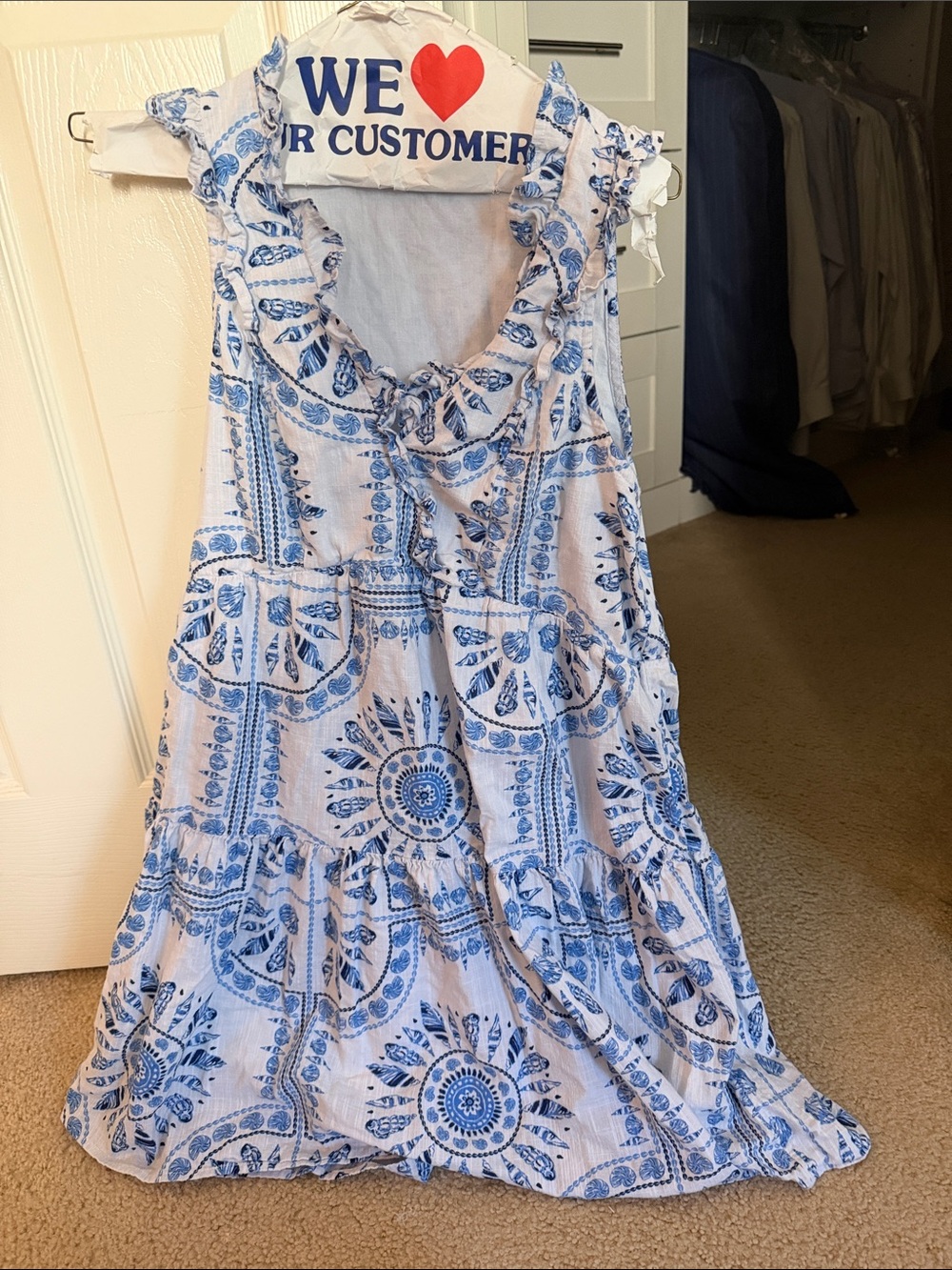 Sleeveless Blue and White Printed Ruffle Dress